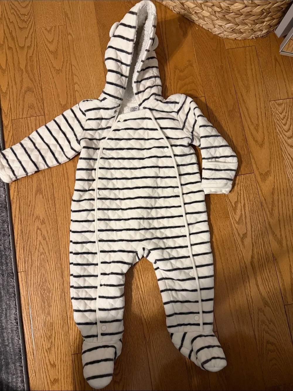 Nordstrom White & Navy Striped Quilted Hooded Baby Footie